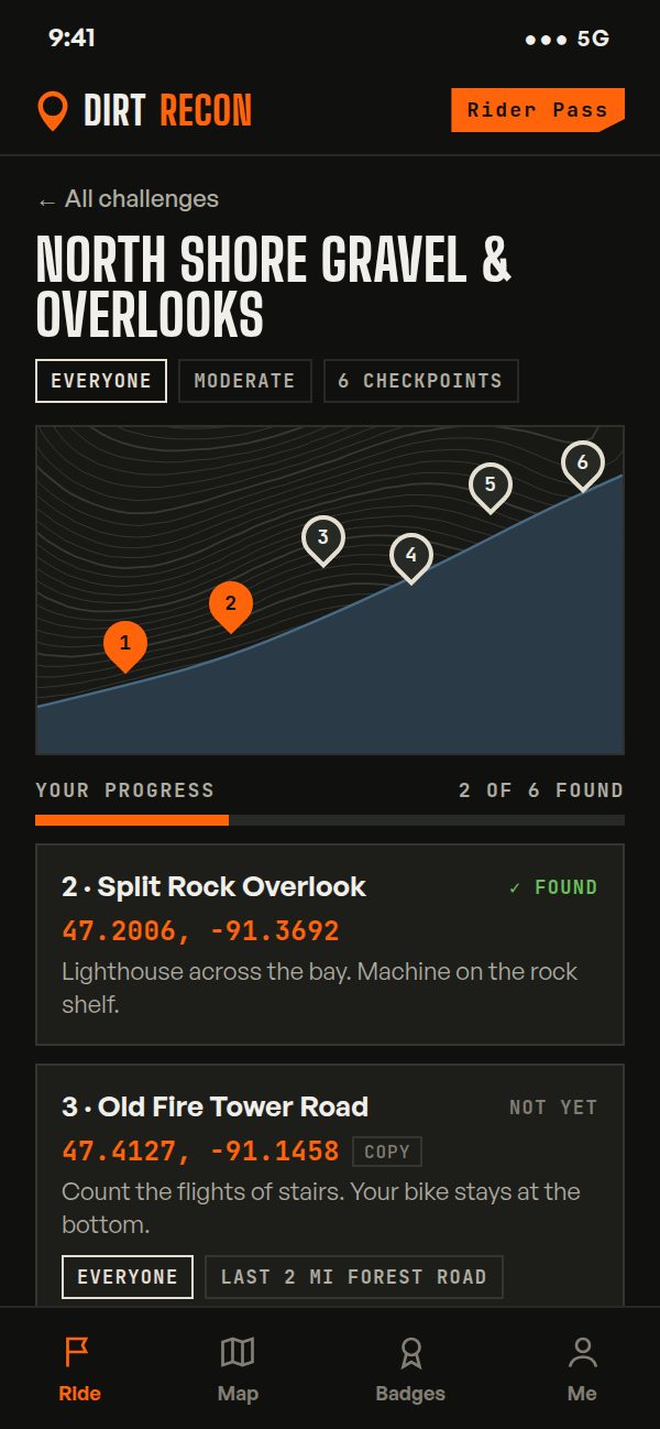 App screen showing a challenge with numbered checkpoints on a topo map, each with GPS coordinates and a clue
