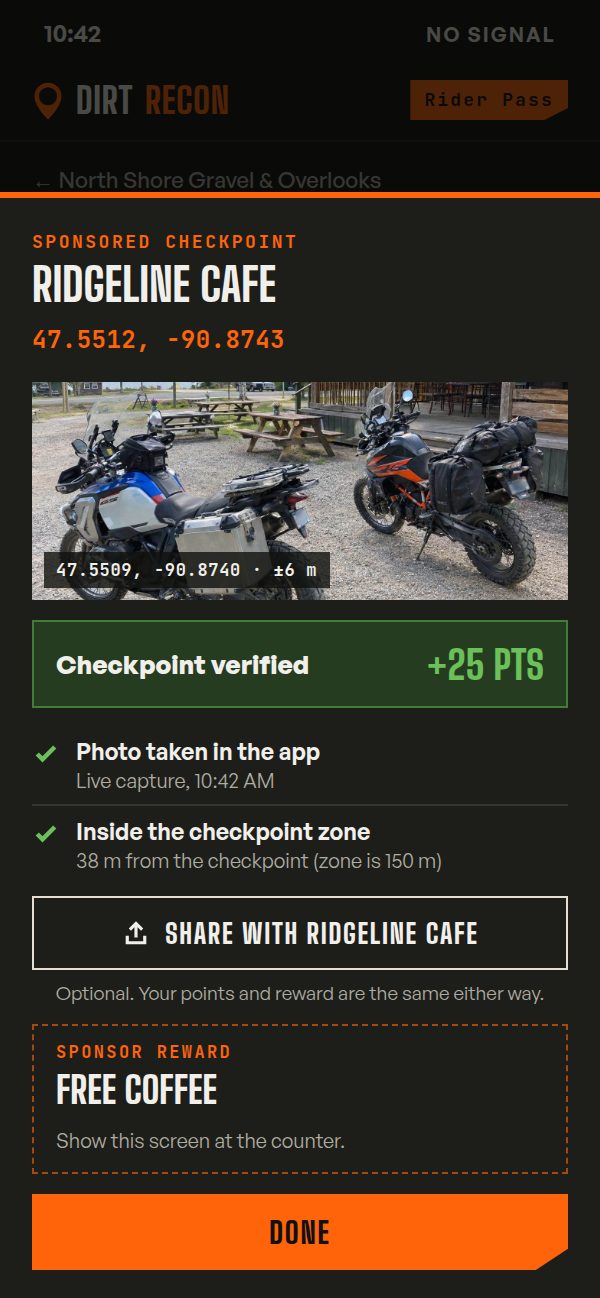 App screen confirming a sponsored cafe checkpoint was verified by the GPS location in the photo, with a button to share the photo with the cafe